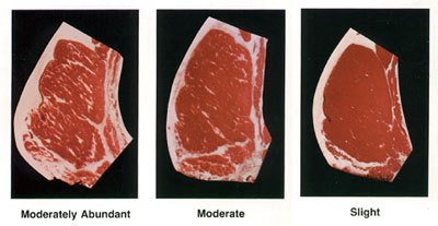 Photographs of 3 Beef Rib Steaks showing the different amount of marbling - which is one of the determining factors in the USDA Grade label of beef.